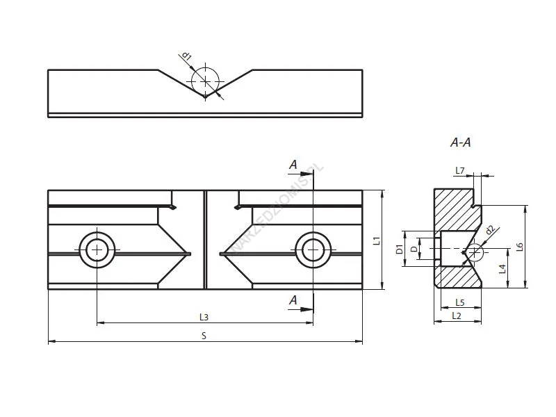 Rysunek techniczny: Szczęka do imadła pryzmowa WSP 100 mm do typu: 6512,6530,6537 (wzdłużna, większy otwór)